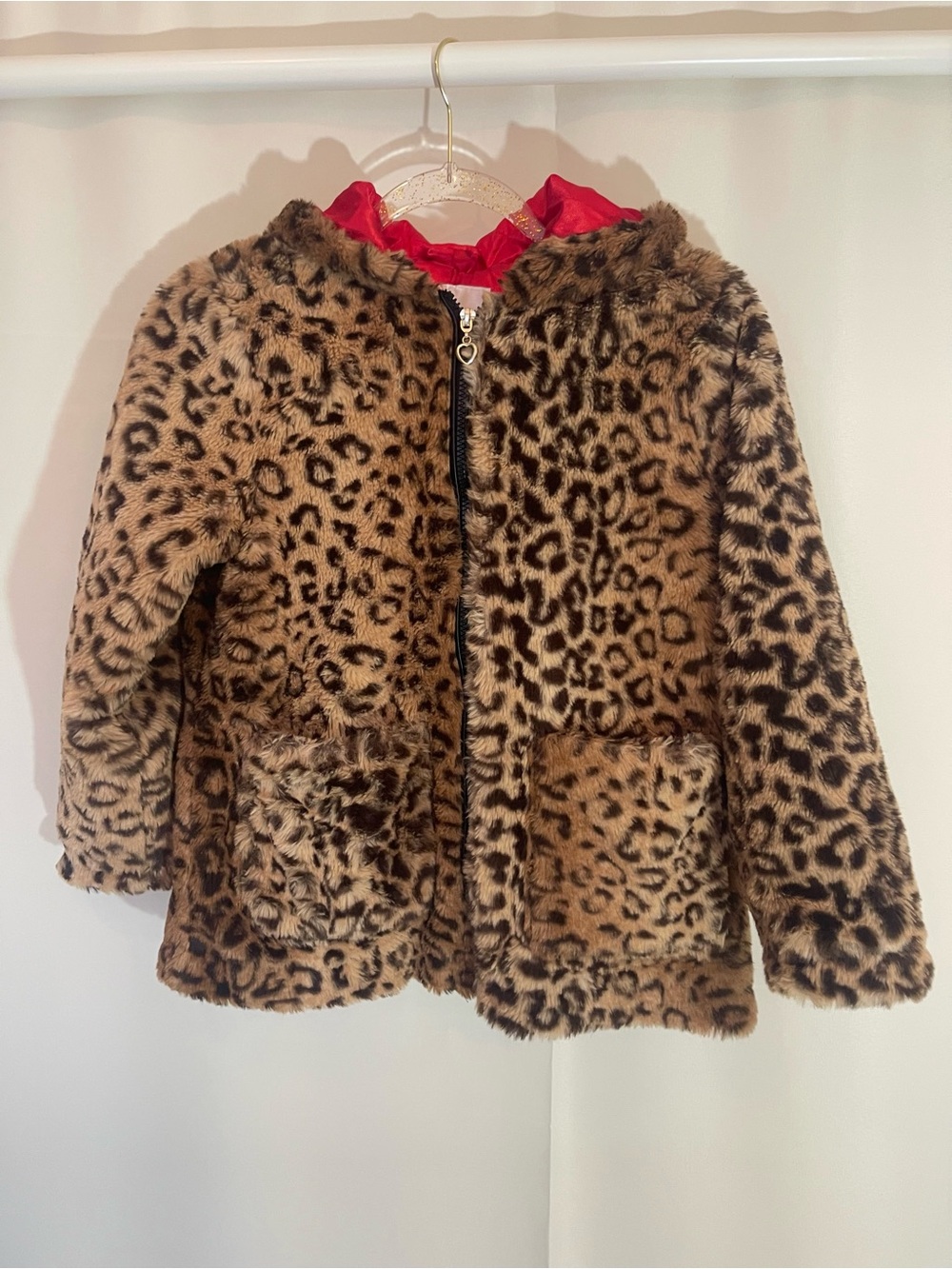 Urban Republic Collection Girls' plush Faux Fur Leopard Hooded Coat Size 10/12 -